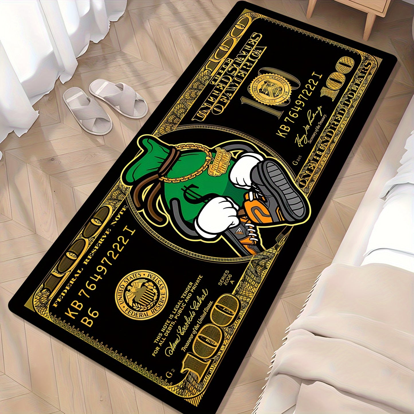 Luxury Flannel 100 Dollar Bill Design Carpet, Super Soft, Non-Slip, Machine Washable, Polyester 100%, Rectangle, Ideal for Office, Bedroom, Living Room Decor