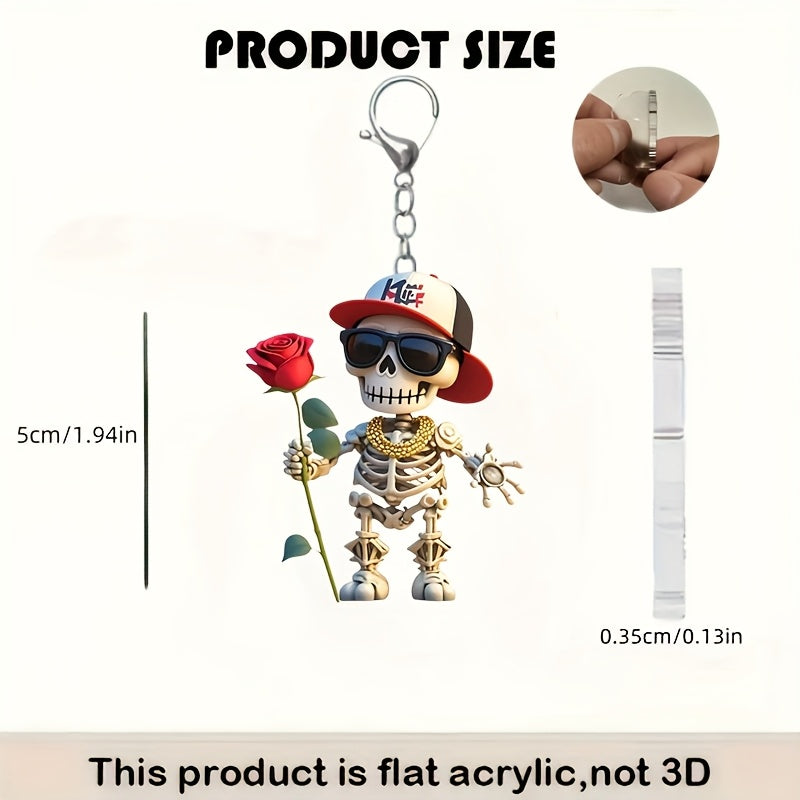 2D Flat, 1pc Cool Skull Acrylic Keychain with Red Rose & Fashion Glasses - Stylish 2D Flat Design, Perfect Gift for Backpacks, Car Keys, and Pet Lovers, Skull Charm for Keychain, Backpack Accessory, Trendy Accessory, Durable