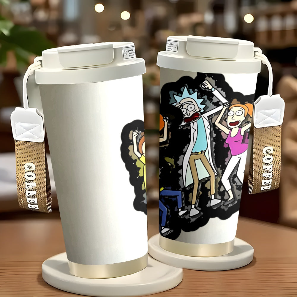 1pc WB Rick and Morty Stainless Steel Travel Mug 18oz, Double-Wall Insulated Coffee Cup with Vibrant Character Design, Leak-Proof Lid & Handle for Hot/Cold Drinks - Car, Office, Outdoor Use, Reusable Drinkware, Pop Culture Dr