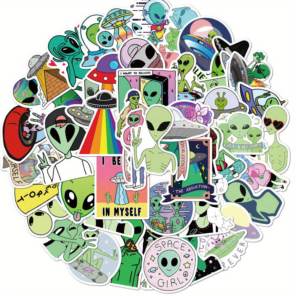 50pcs Cartoon Alien Stickers - Reusable, Self-Adhesive Decals for Laptops, Water Bottles, Phones & More - Durable Synthetic Paper, Artistic Craft Designs by JJIJIAN, Perfect for Winter, New Year
