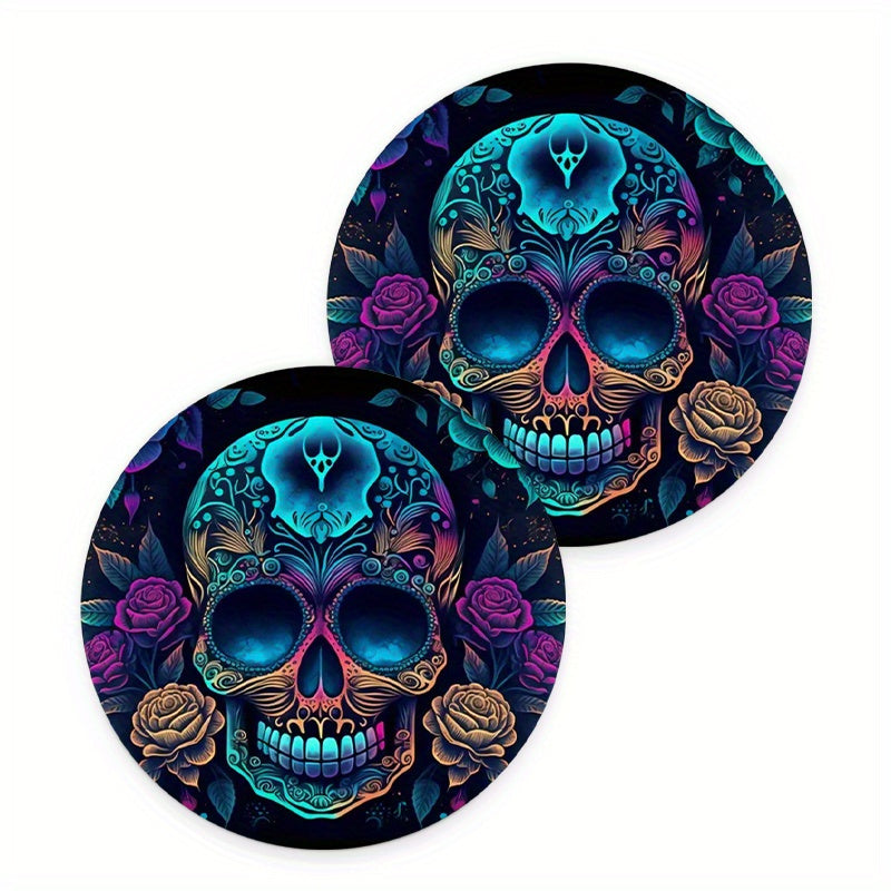 2pcs Skull & Roses Car Cup Holder Coasters - Anti-Slip, Shockproof EVA Design, Vibrant Purple & Coffee Roses with Blue Skull Pattern - Fit for Halloween or Everyday Style, Skull Car Accessories
