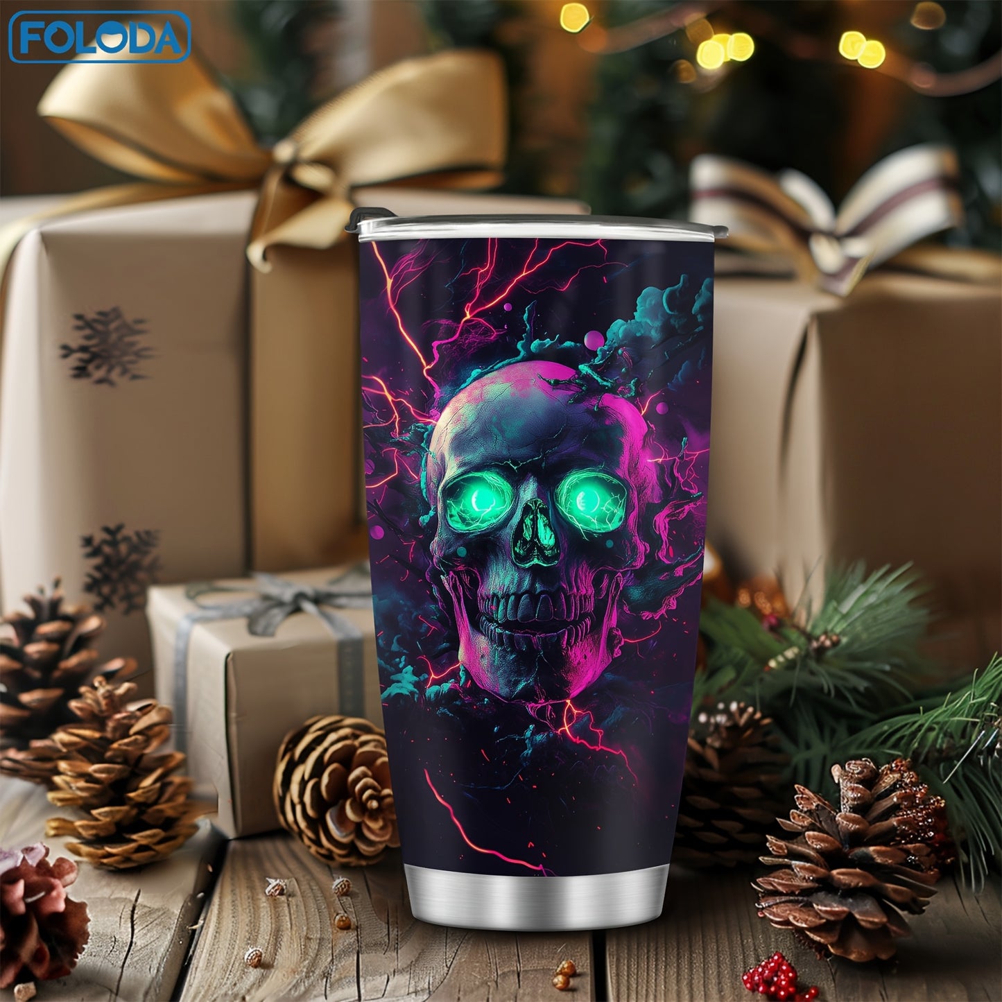 1pc FOLODA 20oz Stainless Steel Insulated Tumbler with Lid - Vibrant Neon Skull & Electric Blue Lightning Design, Reusable Travel Coffee Mug, Keeps Drinks Hot/Cold, Perfect Gift for Halloween, Christmas, Birthdays, Graduation