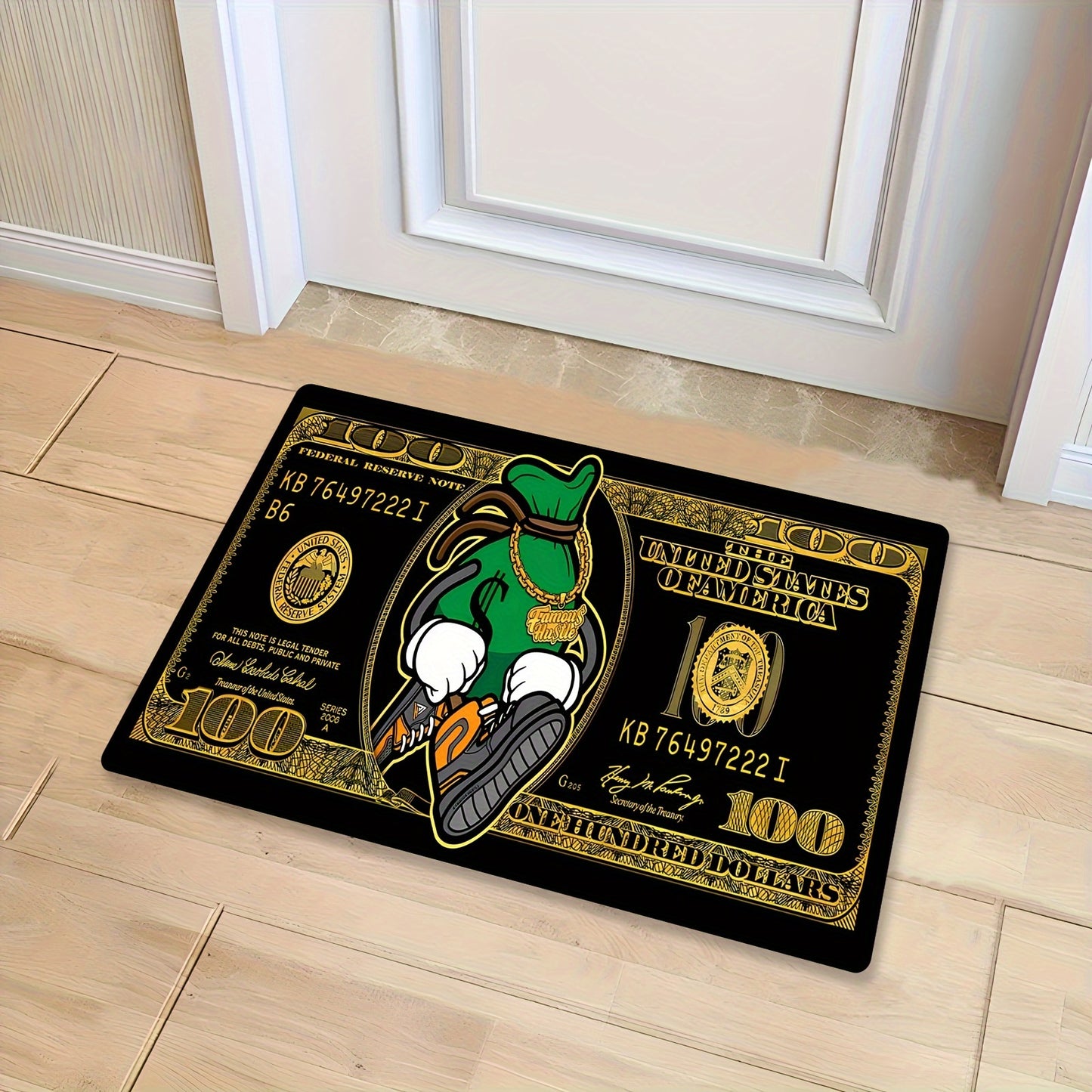 Luxury Flannel 100 Dollar Bill Design Carpet, Super Soft, Non-Slip, Machine Washable, Polyester 100%, Rectangle, Ideal for Office, Bedroom, Living Room Decor