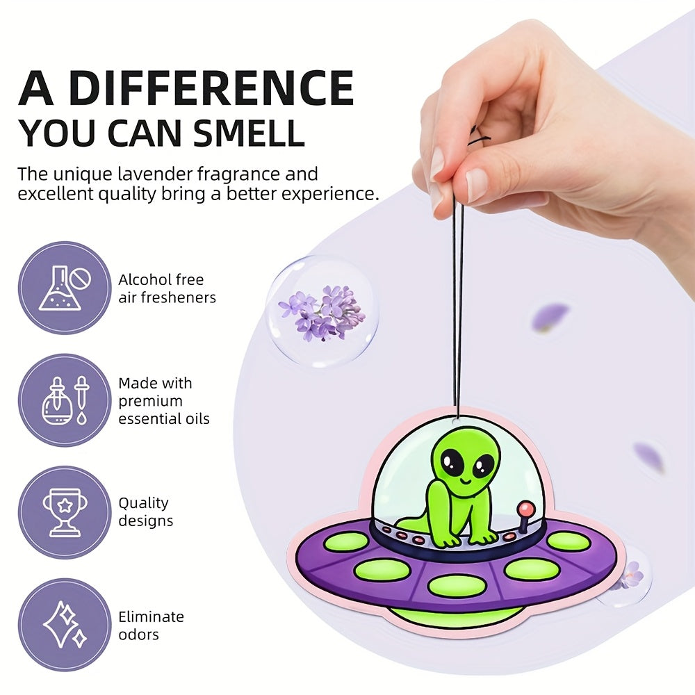 1pc Alien UFO Car Air Freshener Pendant – Cute Cartoon Design with Light Purple Saucer & Green Alien, Aromatherapy Scented Paper Hanging Decor for Rearview Mirror, All-Season Deodorizer for Cars, Alien Decor