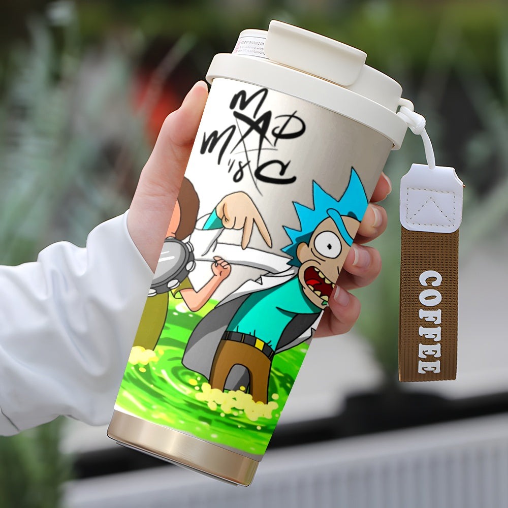 1pc 18oz Rick and Morty Stainless Steel Travel Mug - Leak-Proof, Insulated with Lid for Hot & Cold Drinks, Featuring Cartoon Character Design, Perfect for Outdoor Activities and Car Use, Hand Wash Only, Coffee Travel Mug