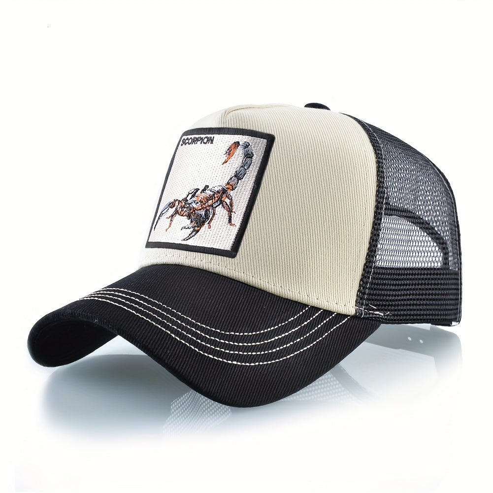 1pc Scorpion Embroidered Trucker Hat - Breathable Mesh Baseball Cap with Adjustable Strap, Gray Casual Sunshade for Men, Breathable Cap | Casual Style Hat | Mesh Back Hat