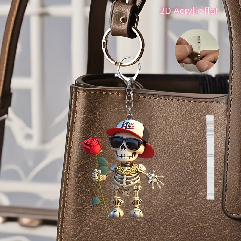 2D Flat, 1pc Cool Skull Acrylic Keychain with Red Rose & Fashion Glasses - Stylish 2D Flat Design, Perfect Gift for Backpacks, Car Keys, and Pet Lovers, Skull Charm for Keychain, Backpack Accessory, Trendy Accessory, Durable