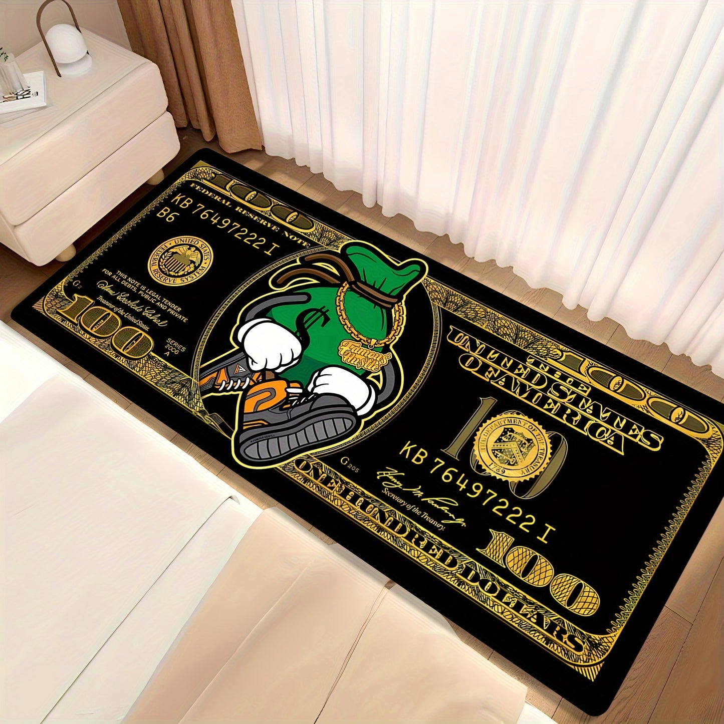 Luxury Flannel 100 Dollar Bill Design Carpet, Super Soft, Non-Slip, Machine Washable, Polyester 100%, Rectangle, Ideal for Office, Bedroom, Living Room Decor