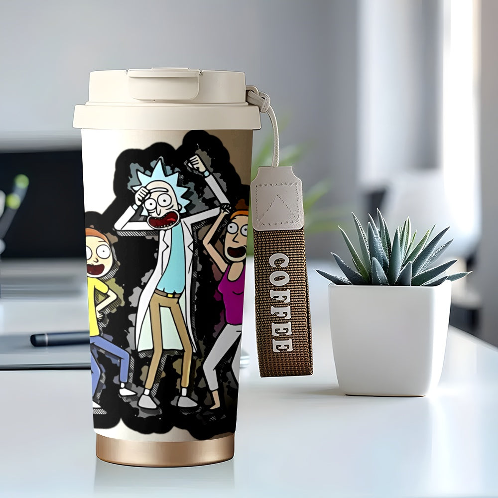 1pc WB Rick and Morty Stainless Steel Travel Mug 18oz, Double-Wall Insulated Coffee Cup with Vibrant Character Design, Leak-Proof Lid & Handle for Hot/Cold Drinks - Car, Office, Outdoor Use, Reusable Drinkware, Pop Culture Dr