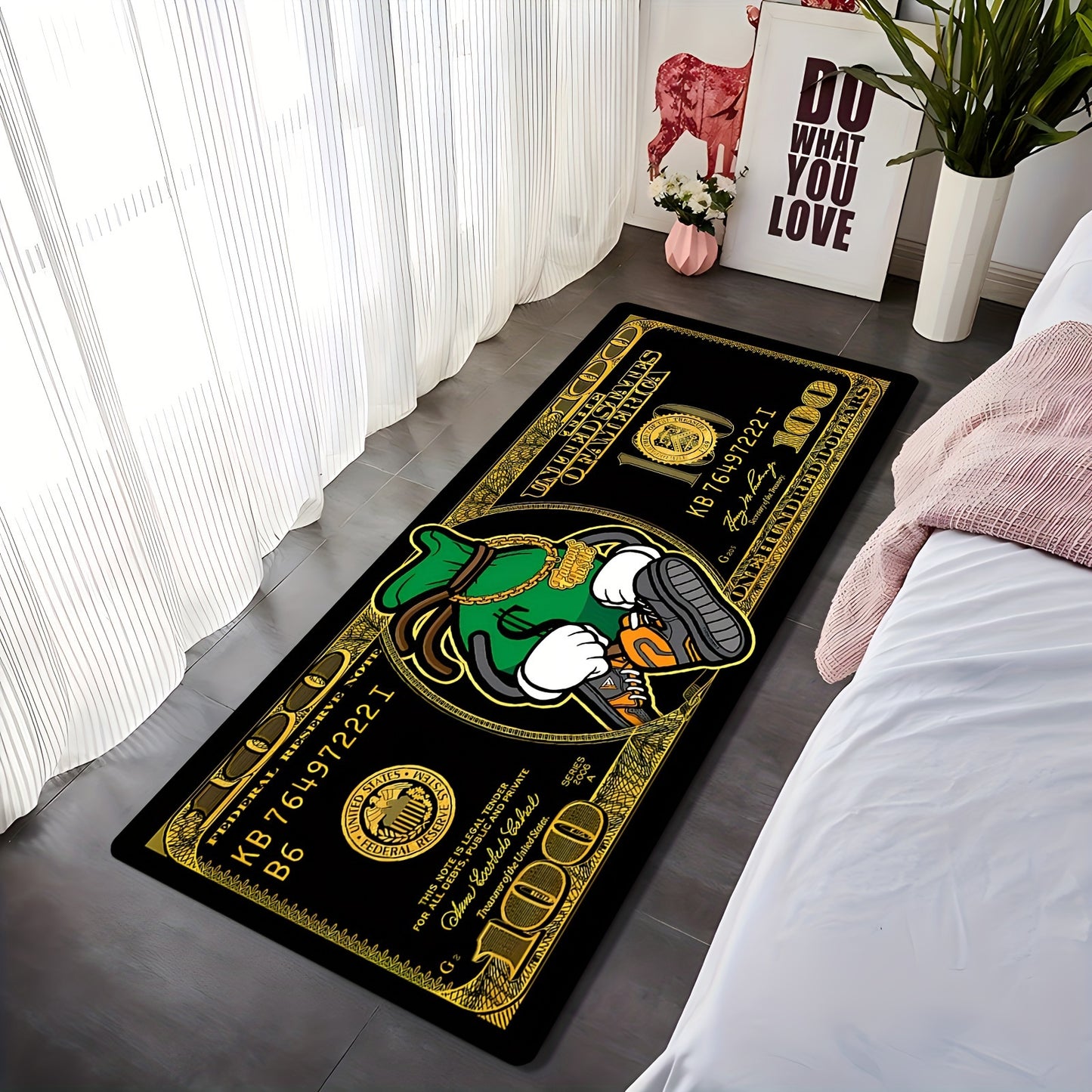 Luxury Flannel 100 Dollar Bill Design Carpet, Super Soft, Non-Slip, Machine Washable, Polyester 100%, Rectangle, Ideal for Office, Bedroom, Living Room Decor