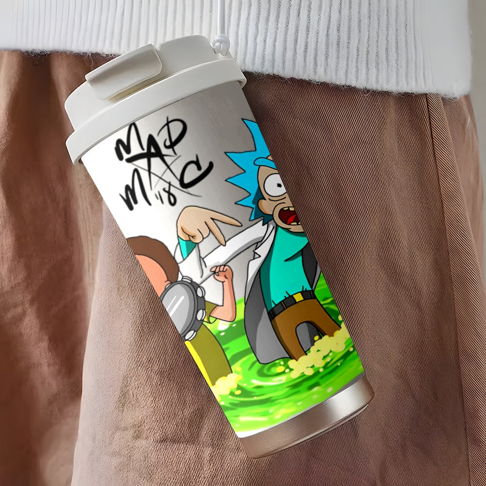 1pc 18oz Rick and Morty Stainless Steel Travel Mug - Leak-Proof, Insulated with Lid for Hot & Cold Drinks, Featuring Cartoon Character Design, Perfect for Outdoor Activities and Car Use, Hand Wash Only, Coffee Travel Mug