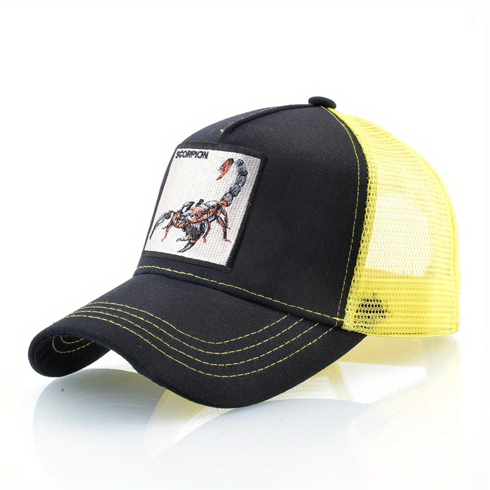 1pc Scorpion Embroidered Trucker Hat - Breathable Mesh Baseball Cap with Adjustable Strap, Gray Casual Sunshade for Men, Breathable Cap | Casual Style Hat | Mesh Back Hat