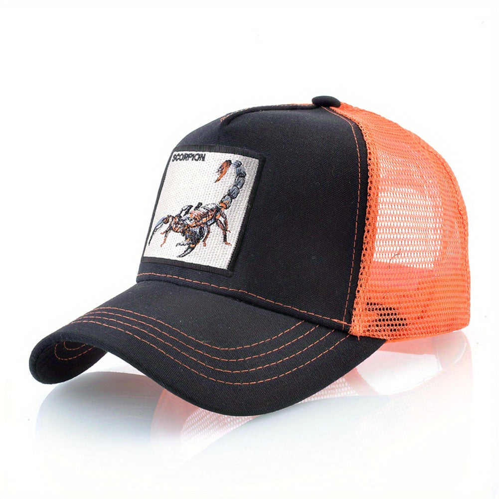 1pc Scorpion Embroidered Trucker Hat - Breathable Mesh Baseball Cap with Adjustable Strap, Gray Casual Sunshade for Men, Breathable Cap | Casual Style Hat | Mesh Back Hat