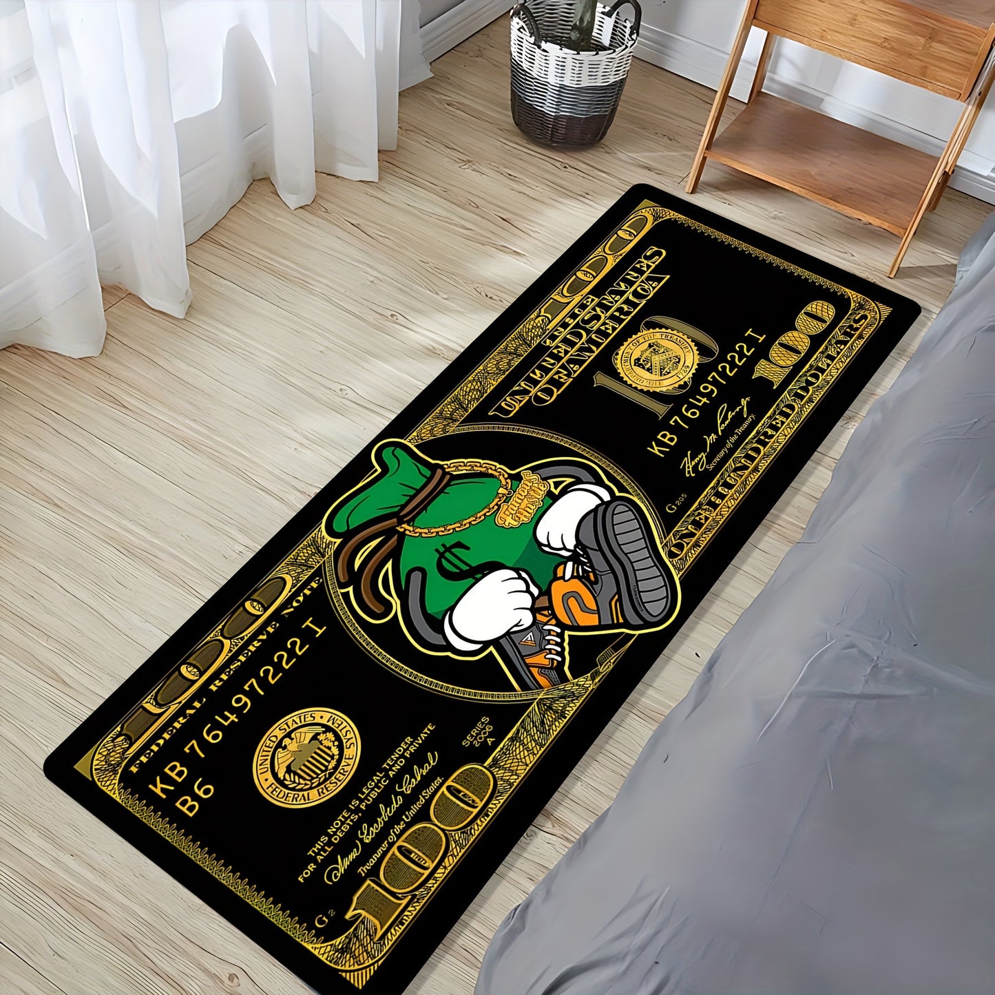Luxury Flannel 100 Dollar Bill Design Carpet, Super Soft, Non-Slip, Machine Washable, Polyester 100%, Rectangle, Ideal for Office, Bedroom, Living Room Decor