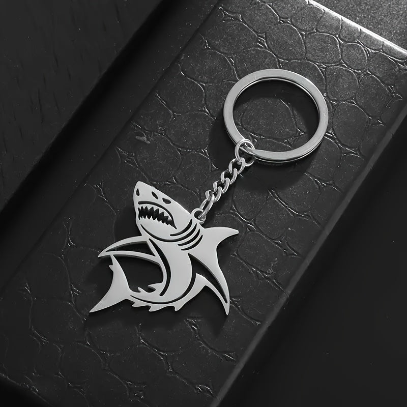 Sleek Stainless Steel Great White Shark Keychain - Minimalist Design with Durable Metal Ring and Chain, Perfect for Men, Shark Decor