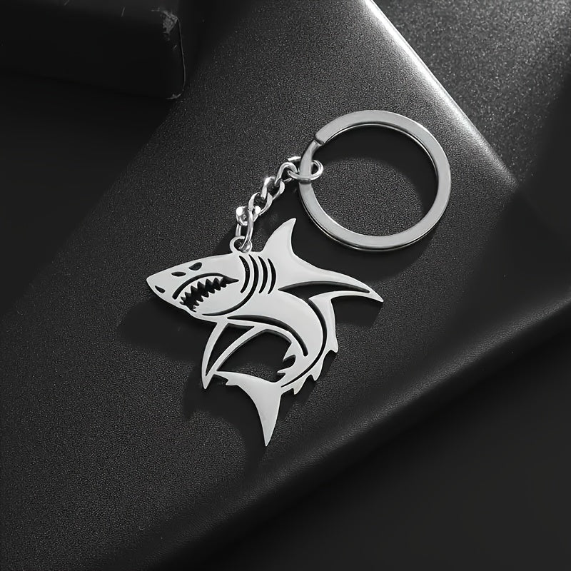 Sleek Stainless Steel Great White Shark Keychain - Minimalist Design with Durable Metal Ring and Chain, Perfect for Men, Shark Decor