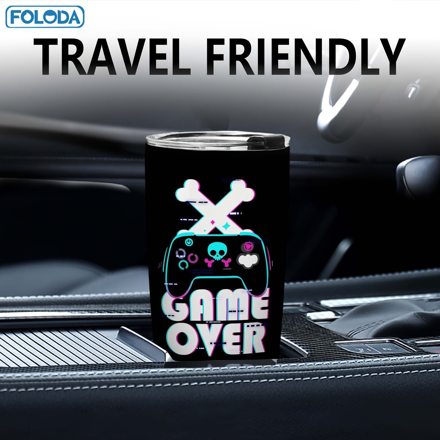 1pc FOLODA 20oz Gaming Tumbler with Lid - Stainless Steel Insulated Travel Mug, Vibrant Neon Gaming Design, Reusable Coffee Cup for Gamers, Birthday Christmas Graduation Gifts for Men Women