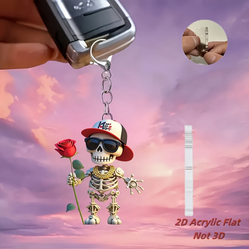 2D Flat, 1pc Cool Skull Acrylic Keychain with Red Rose & Fashion Glasses - Stylish 2D Flat Design, Perfect Gift for Backpacks, Car Keys, and Pet Lovers, Skull Charm for Keychain, Backpack Accessory, Trendy Accessory, Durable