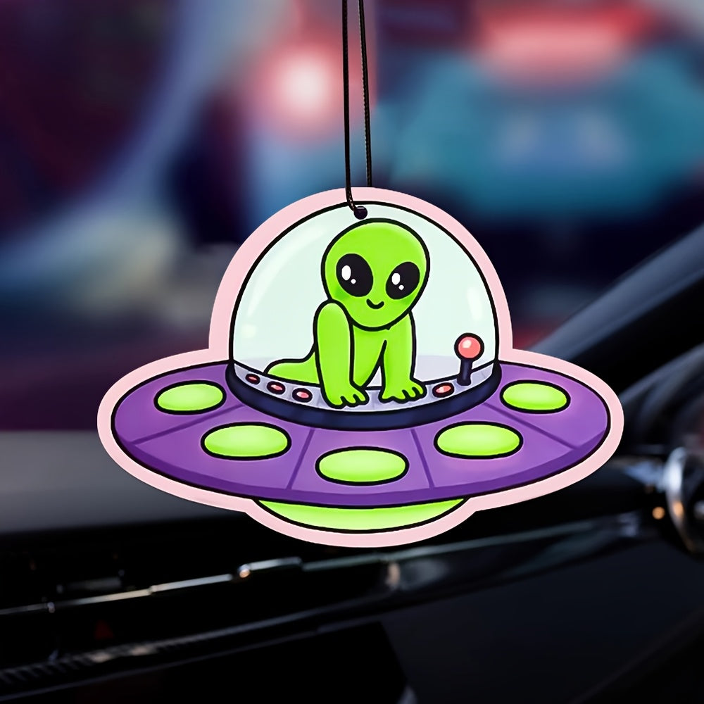 1pc Alien UFO Car Air Freshener Pendant – Cute Cartoon Design with Light Purple Saucer & Green Alien, Aromatherapy Scented Paper Hanging Decor for Rearview Mirror, All-Season Deodorizer for Cars, Alien Decor