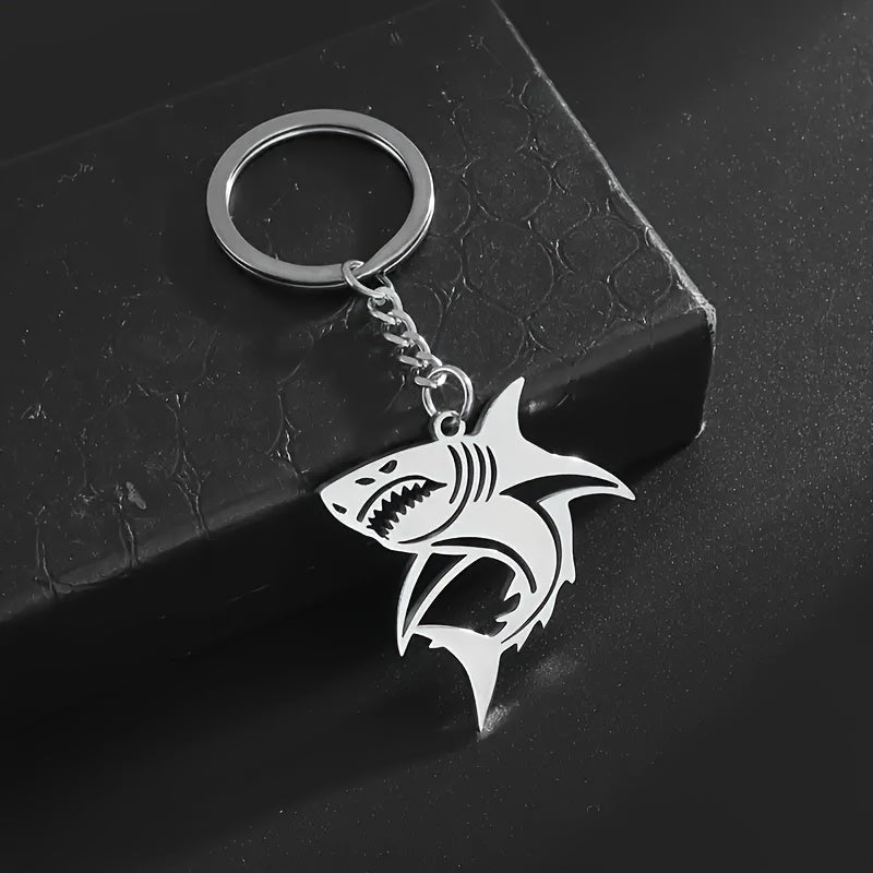 Sleek Stainless Steel Great White Shark Keychain - Minimalist Design with Durable Metal Ring and Chain, Perfect for Men, Shark Decor