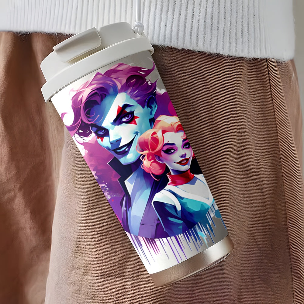 1pc WB Joker Stainless Steel Insulated Travel Mug 18oz - Vibrant Joker & Harley Quinn Artwork, Leak-Proof Lid, Reusable Coffee Cup for Office, Commute, Home - Hot & Cold Beverage Mug, Coffee Travel Mug, Artistic Drinkware, St
