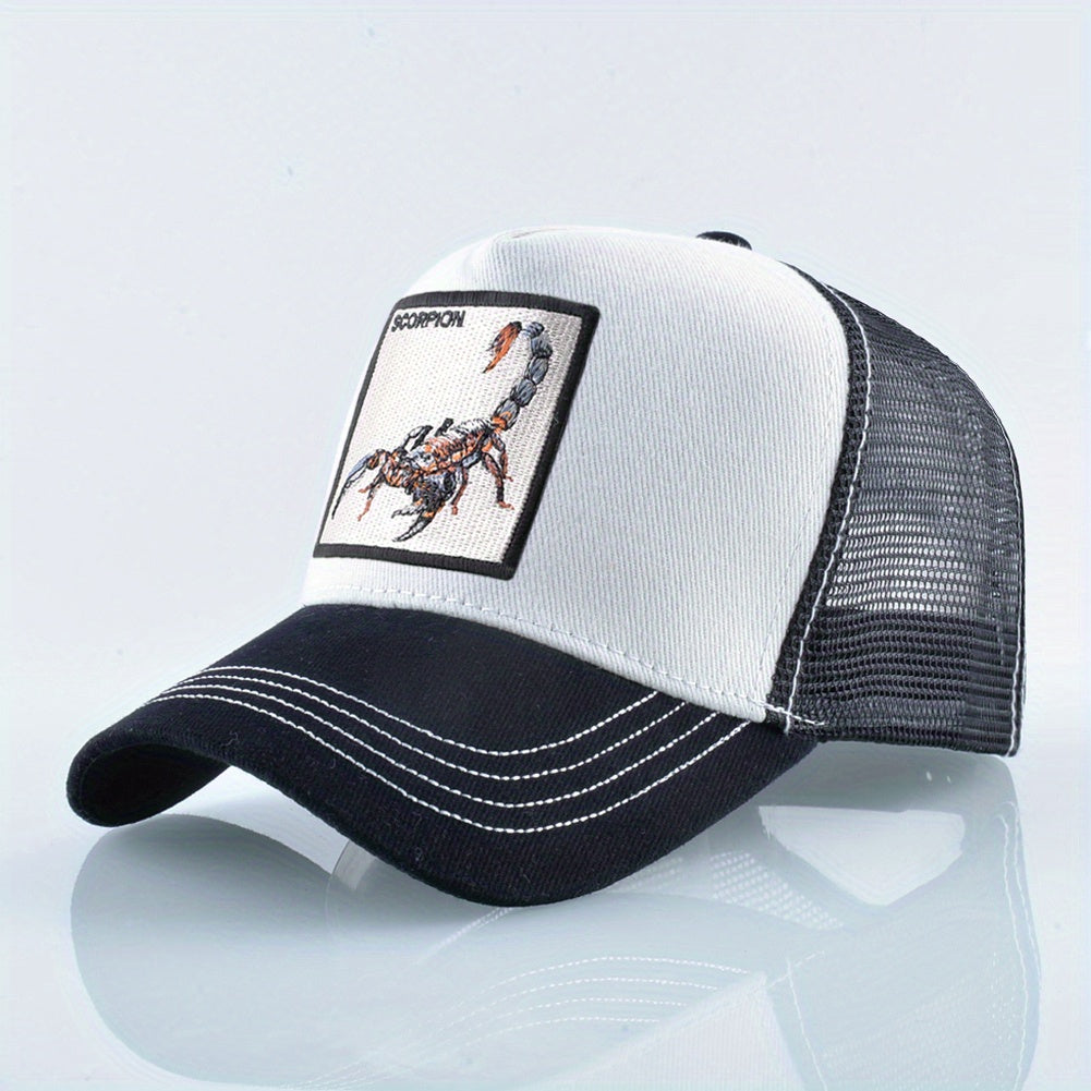 1pc Scorpion Embroidered Trucker Hat - Breathable Mesh Baseball Cap with Adjustable Strap, Gray Casual Sunshade for Men, Breathable Cap | Casual Style Hat | Mesh Back Hat