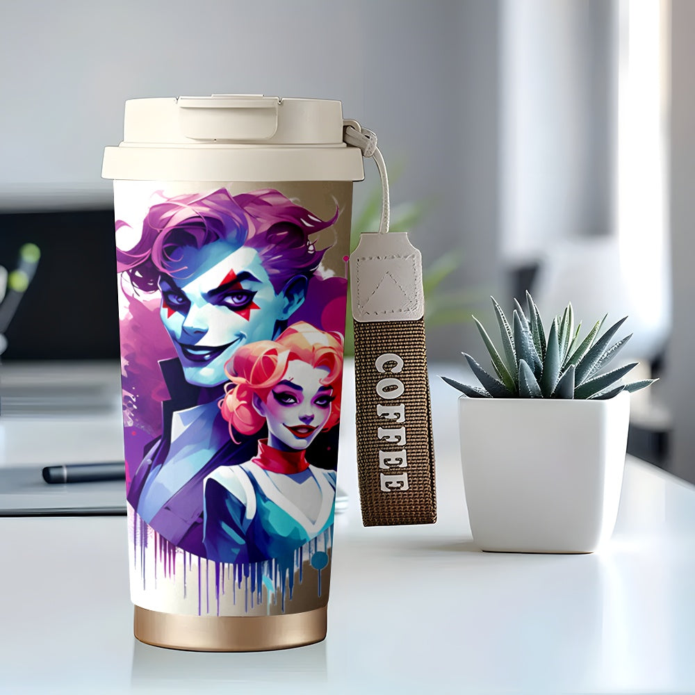 1pc WB Joker Stainless Steel Insulated Travel Mug 18oz - Vibrant Joker & Harley Quinn Artwork, Leak-Proof Lid, Reusable Coffee Cup for Office, Commute, Home - Hot & Cold Beverage Mug, Coffee Travel Mug, Artistic Drinkware, St