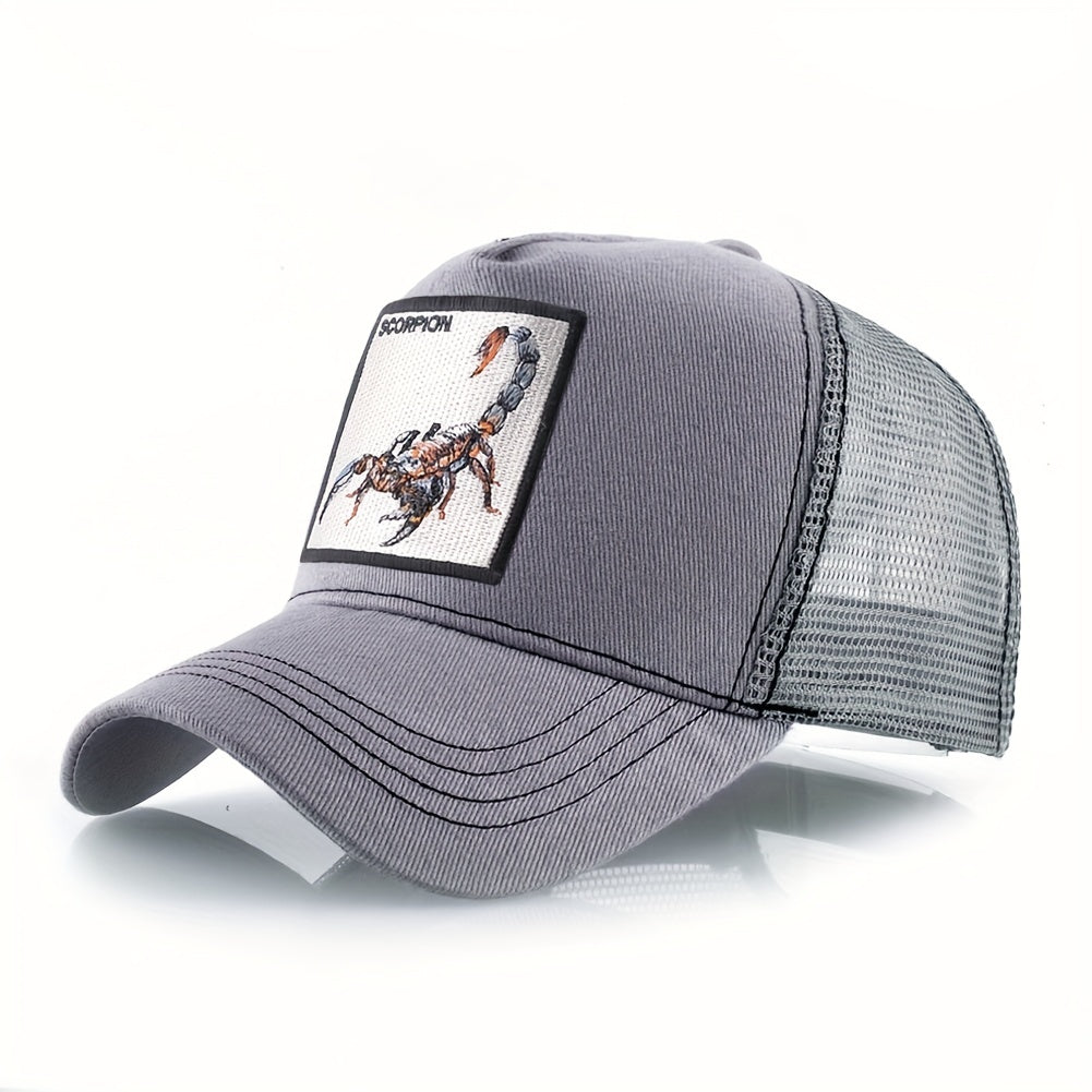 1pc Scorpion Embroidered Trucker Hat - Breathable Mesh Baseball Cap with Adjustable Strap, Gray Casual Sunshade for Men, Breathable Cap | Casual Style Hat | Mesh Back Hat