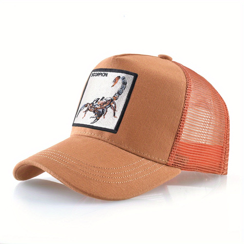 1pc Scorpion Embroidered Trucker Hat - Breathable Mesh Baseball Cap with Adjustable Strap, Gray Casual Sunshade for Men, Breathable Cap | Casual Style Hat | Mesh Back Hat