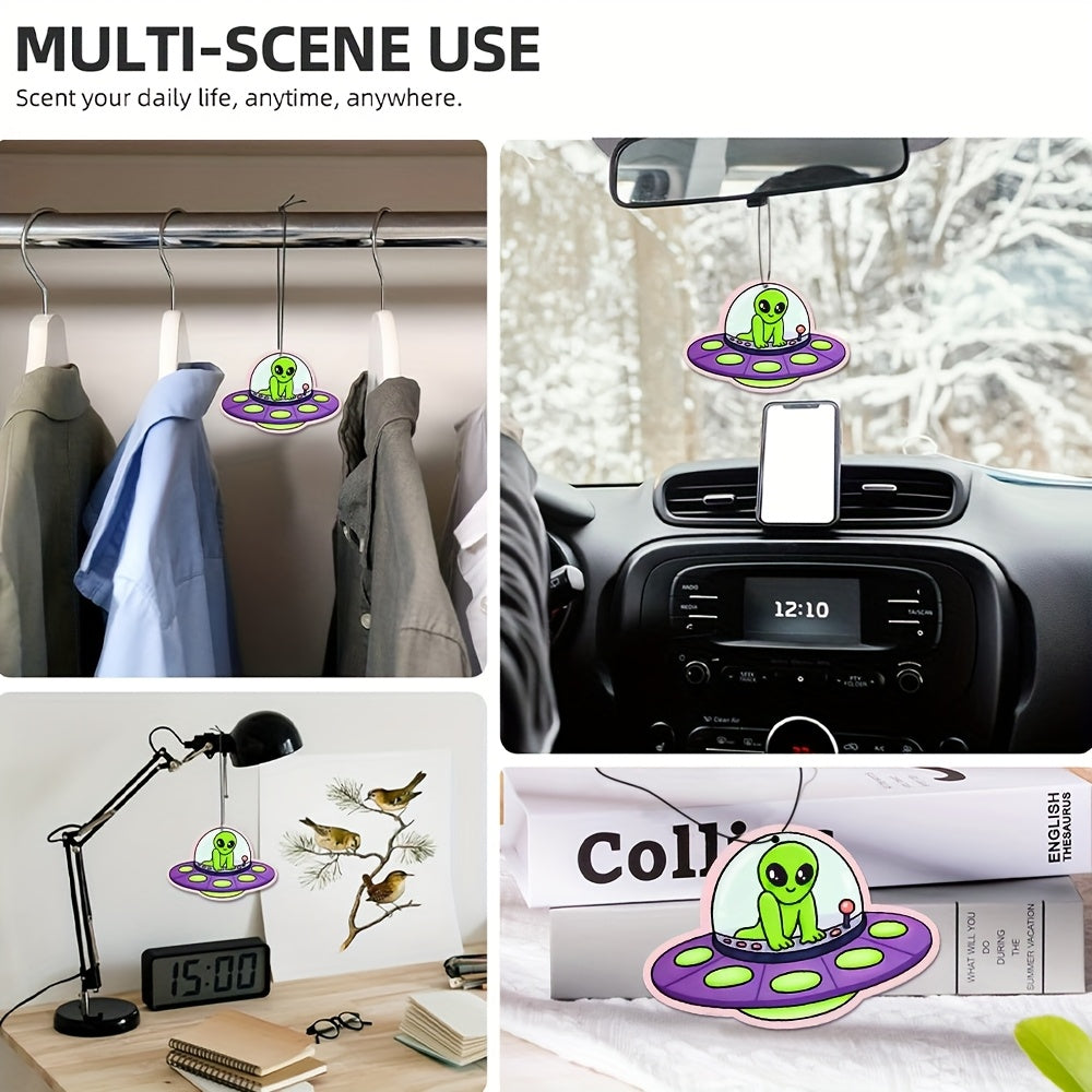 1pc Alien UFO Car Air Freshener Pendant – Cute Cartoon Design with Light Purple Saucer & Green Alien, Aromatherapy Scented Paper Hanging Decor for Rearview Mirror, All-Season Deodorizer for Cars, Alien Decor