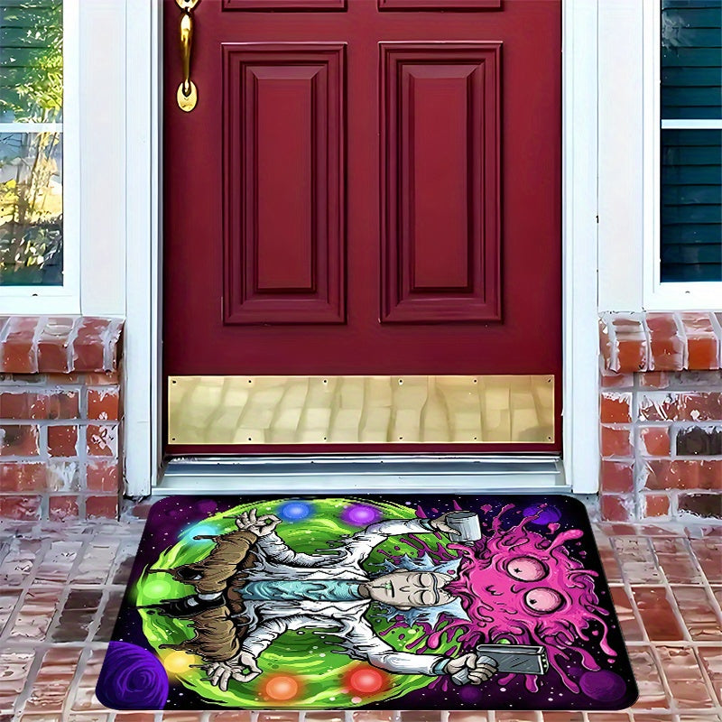 1pc Warner Bros Series Rick and Morty Theme Printed Floor Mat, Flannel Rectangular Washable Flannel Mat, Suitable for Bedroom, Living Room, Game Room - Bright Cartoon Design, Very suitable for Anime Enthusiasts, Warner Bros H