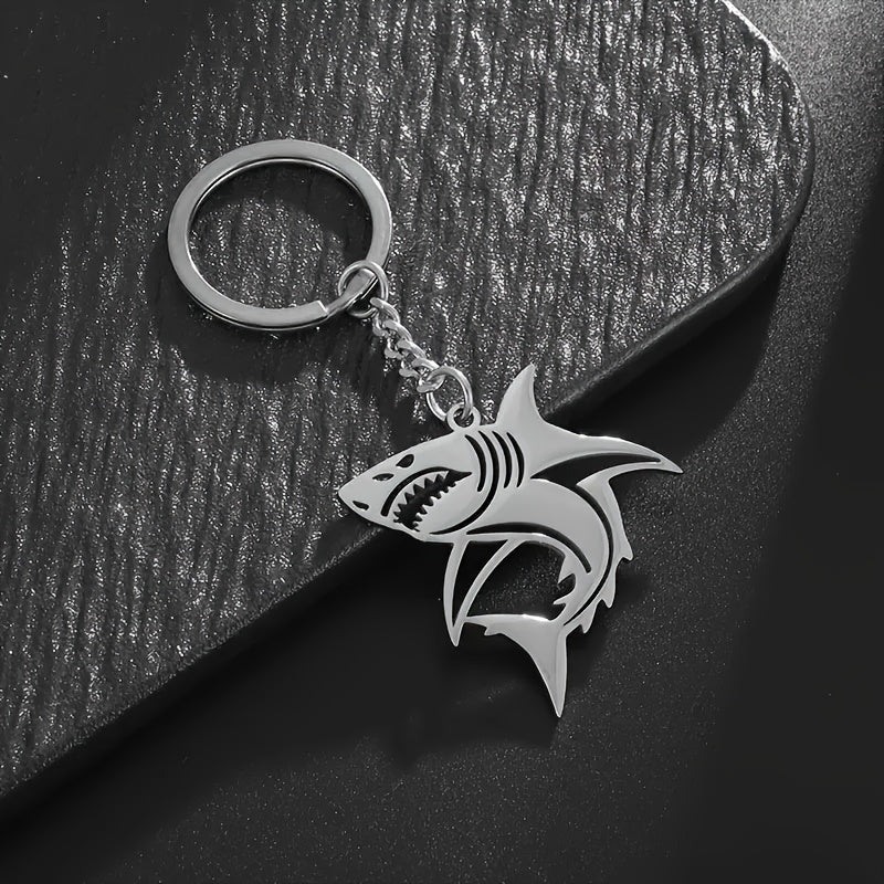 Sleek Stainless Steel Great White Shark Keychain - Minimalist Design with Durable Metal Ring and Chain, Perfect for Men, Shark Decor