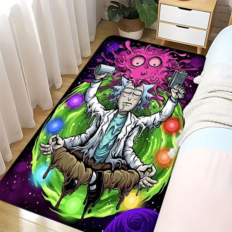 1pc Warner Bros Series Rick and Morty Theme Printed Floor Mat, Flannel Rectangular Washable Flannel Mat, Suitable for Bedroom, Living Room, Game Room - Bright Cartoon Design, Very suitable for Anime Enthusiasts, Warner Bros H