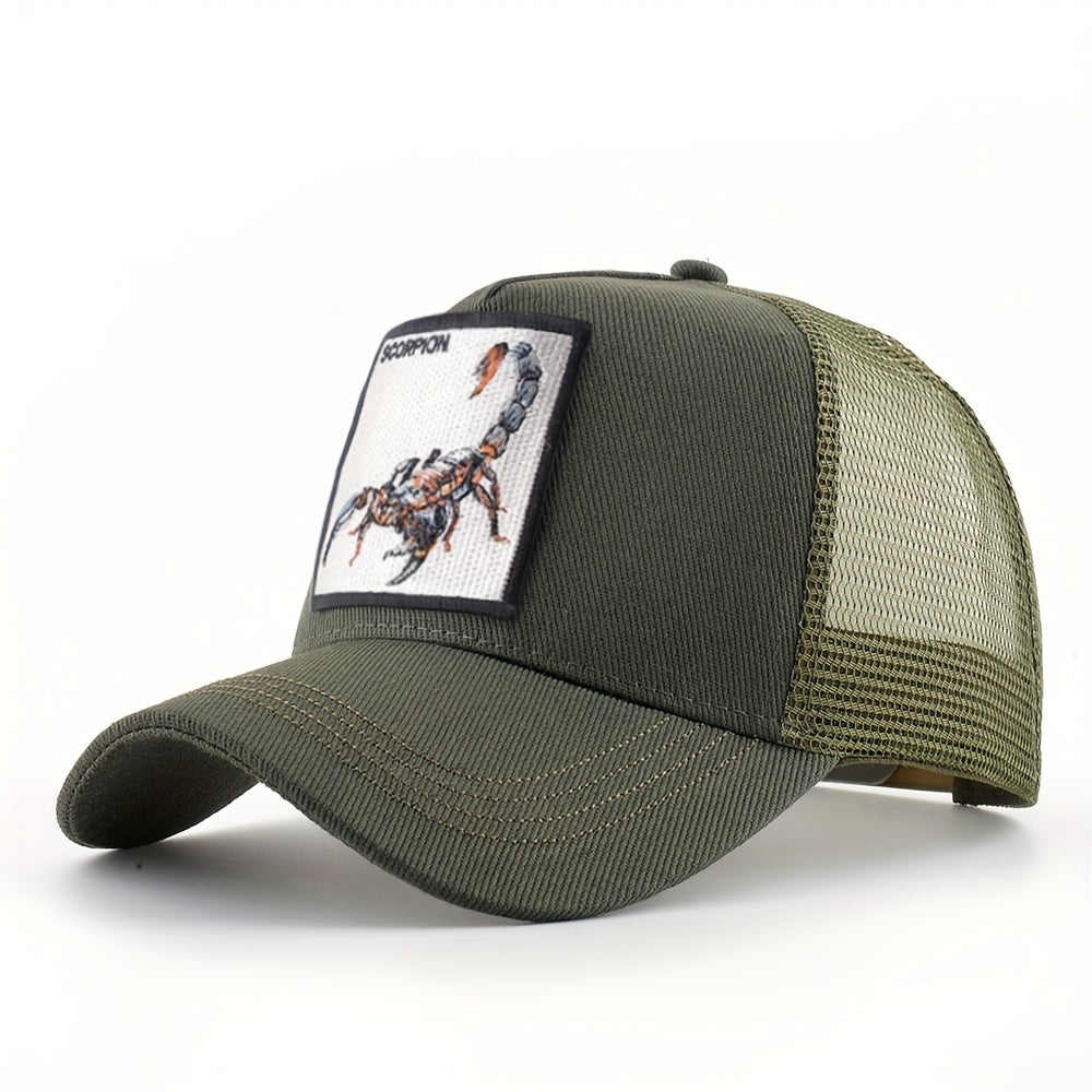 1pc Scorpion Embroidered Trucker Hat - Breathable Mesh Baseball Cap with Adjustable Strap, Gray Casual Sunshade for Men, Breathable Cap | Casual Style Hat | Mesh Back Hat