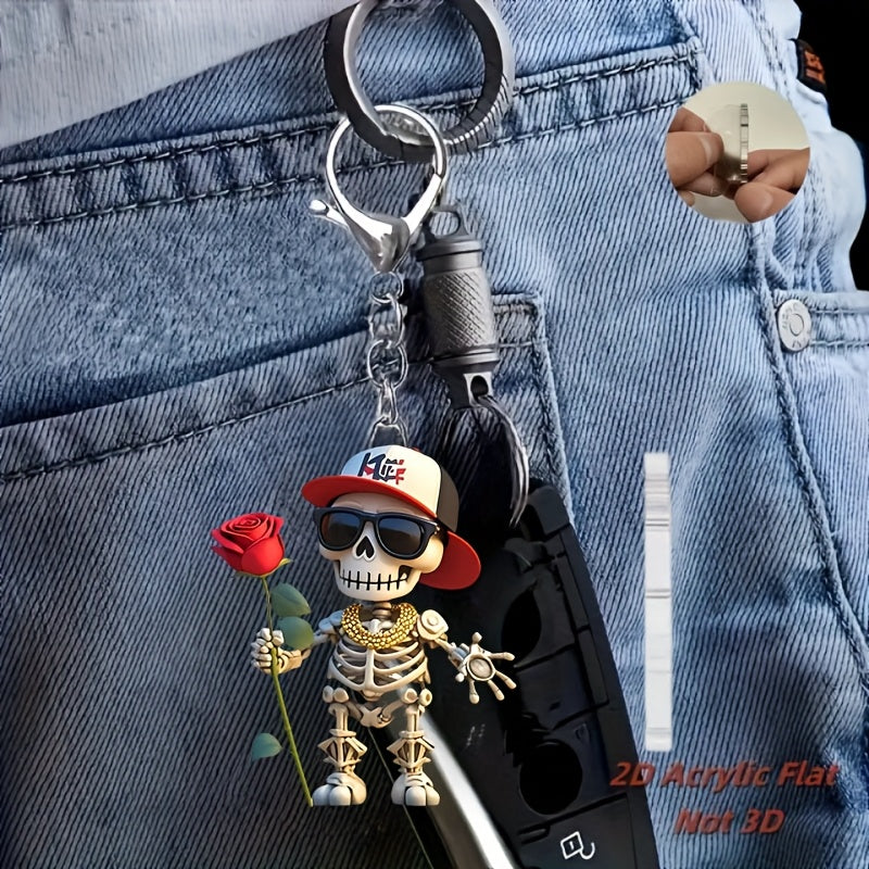 2D Flat, 1pc Cool Skull Acrylic Keychain with Red Rose & Fashion Glasses - Stylish 2D Flat Design, Perfect Gift for Backpacks, Car Keys, and Pet Lovers, Skull Charm for Keychain, Backpack Accessory, Trendy Accessory, Durable