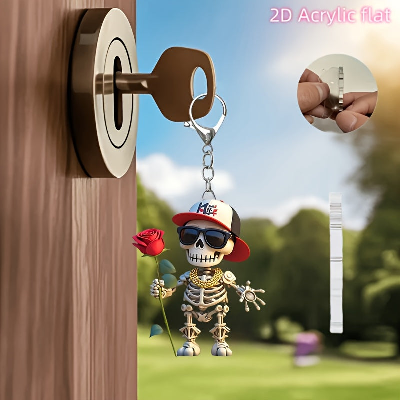 2D Flat, 1pc Cool Skull Acrylic Keychain with Red Rose & Fashion Glasses - Stylish 2D Flat Design, Perfect Gift for Backpacks, Car Keys, and Pet Lovers, Skull Charm for Keychain, Backpack Accessory, Trendy Accessory, Durable