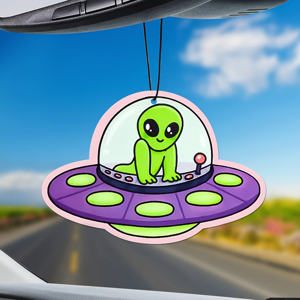 1pc Alien UFO Car Air Freshener Pendant – Cute Cartoon Design with Light Purple Saucer & Green Alien, Aromatherapy Scented Paper Hanging Decor for Rearview Mirror, All-Season Deodorizer for Cars, Alien Decor