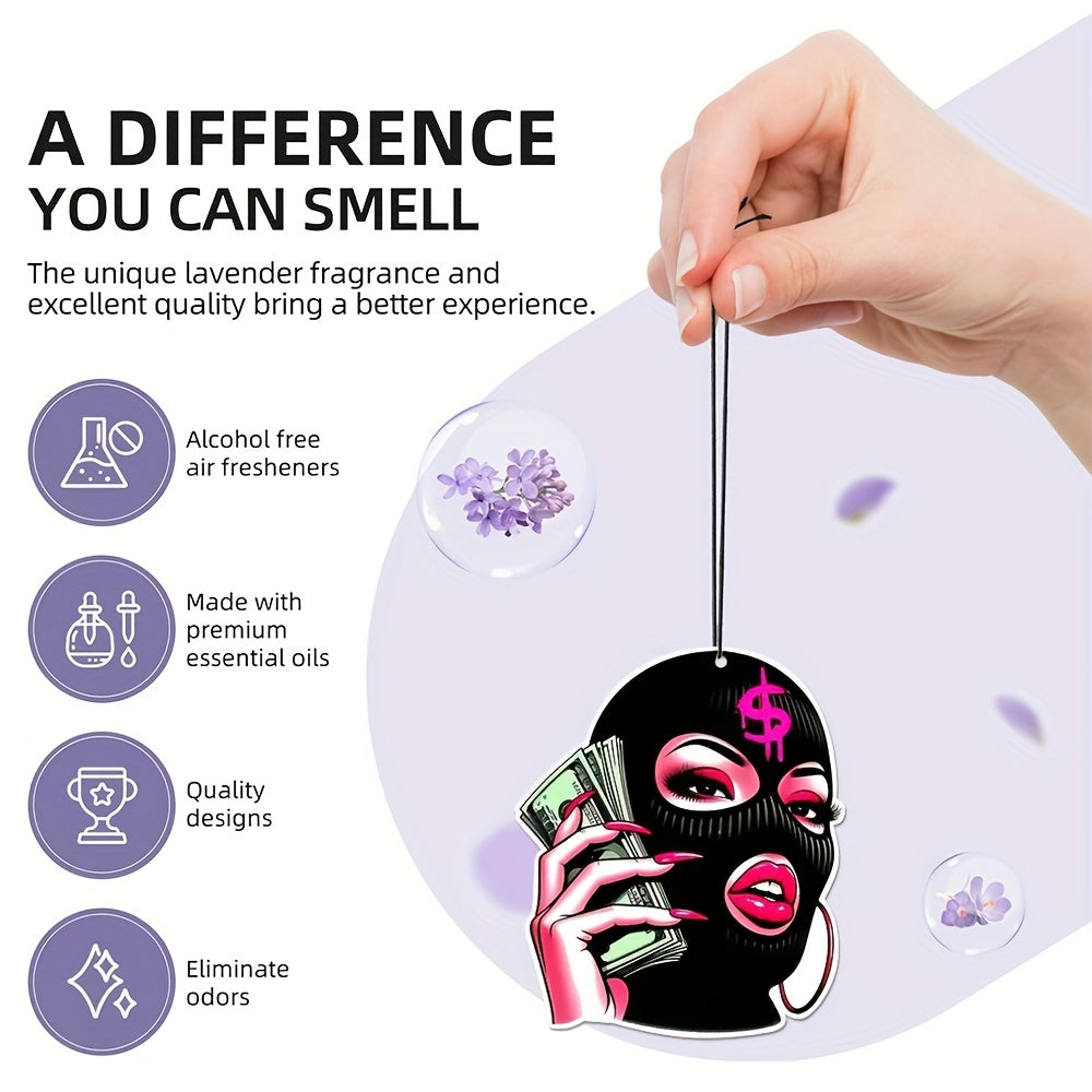 Rich Woman Black Faced Girl Car Hanging Pendant - Bold Masked Design with Pink Lips & Dollar Bills, Light Fragrance Paper Scent, All-Season Car Interior Deodorizer, Fit for All Vehicles, Perfect Car Owner Gift, Female Car Acc