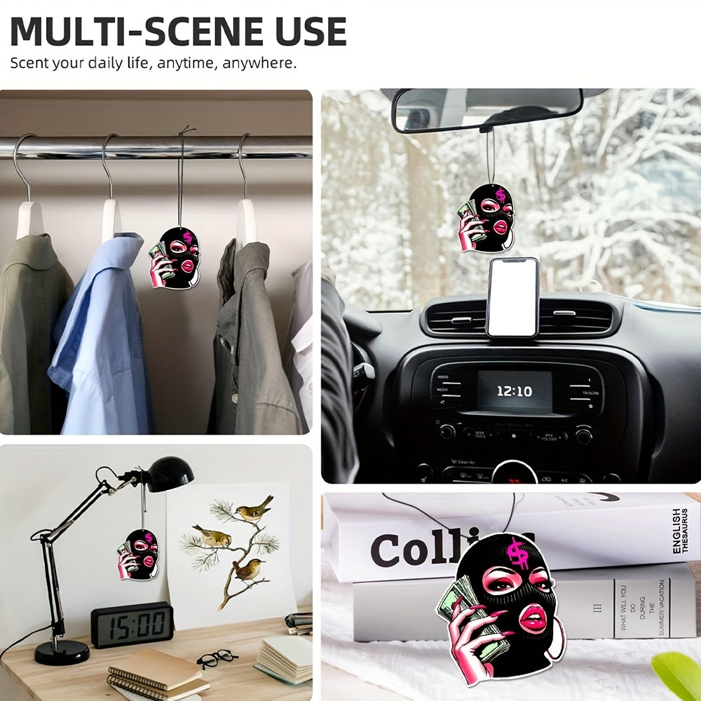 Rich Woman Black Faced Girl Car Hanging Pendant - Bold Masked Design with Pink Lips & Dollar Bills, Light Fragrance Paper Scent, All-Season Car Interior Deodorizer, Fit for All Vehicles, Perfect Car Owner Gift, Female Car Acc