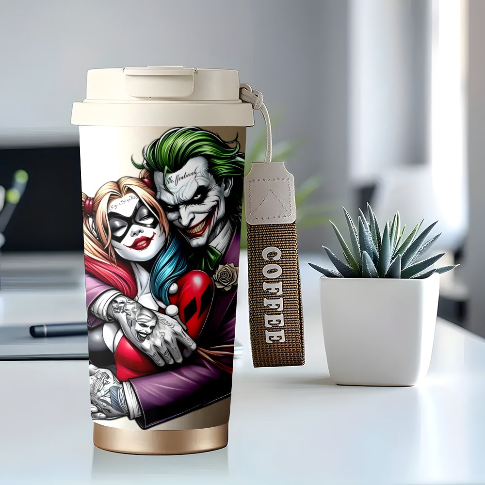 1pc WB Joker & Harley Quinn Stainless Steel Travel Mug 18oz - Large Capacity Insulated Tumbler for Hot & Cold Drinks, Reusable Coffee Cup with Vibrant Comic Art, Hand Wash Only, Perfect Gift for Fans, Insulated Coffee Tumbler