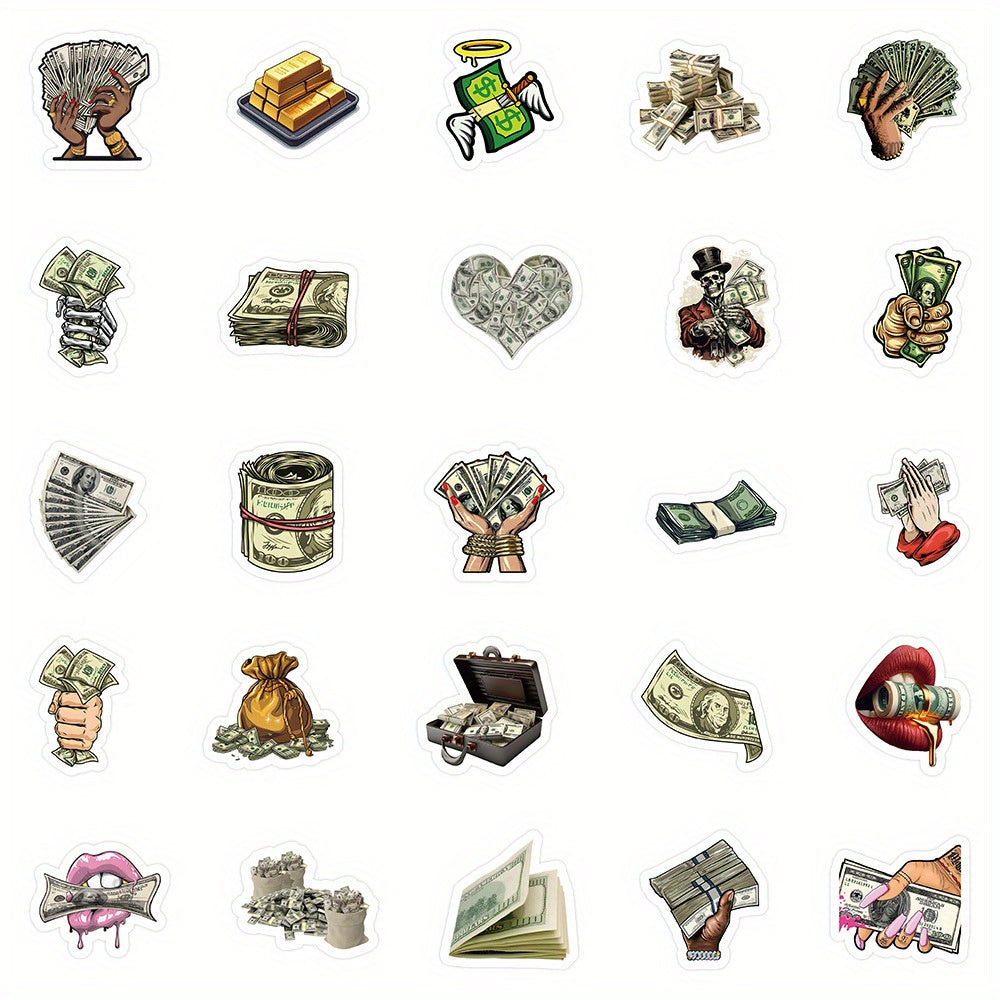 50pcs Faith-Based Money World Sticker Set - Diverse Designs with Golden Bars, Dollar Bills, and Inspirational Messages for Scrapbooking, Journals, Laptops, Water Bottles, and More - Glossy Finish, Single Use Paper Stickers, S