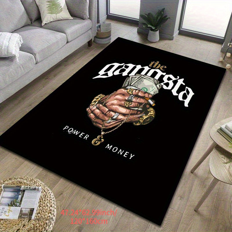 Gansta Power Money Mat - Black Area Mat with Bold Money and Jewelry Design, Machine Washable Polyester Fiber, Ideal for Living Room, Bedroom, Kitchen, Bathroom, Entryway, Multi-Purpose Decorative Mat|Luxurious Home Decor|Mach