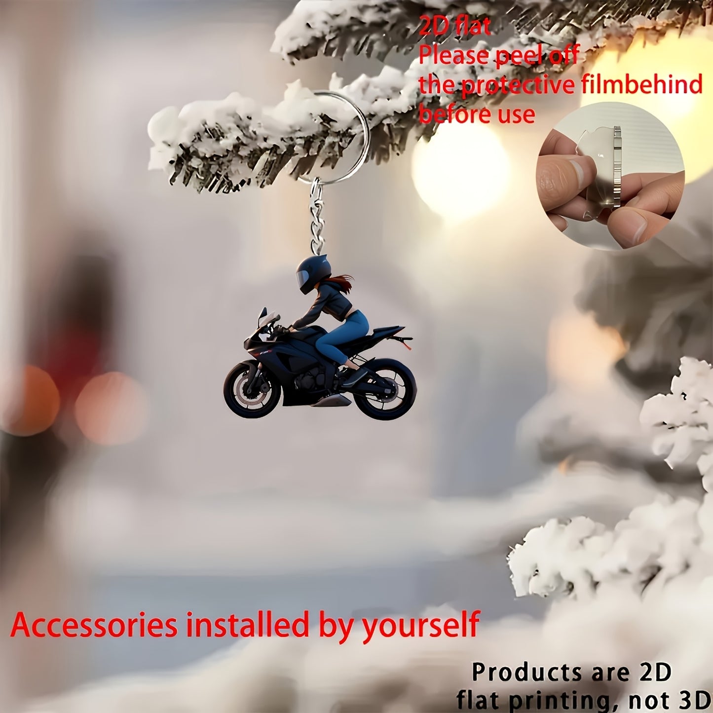 2D Flat, 2D Flat Motorcycle Rider Keychain & Car Mirror Ornament - Black Jacket & Helmet Design, 5.08cm Protective Filming Keyring for Keys/Bags, Durable Acrylic Motorcycle Accessories for Men, Father’s Day Gifts, Motorcycl