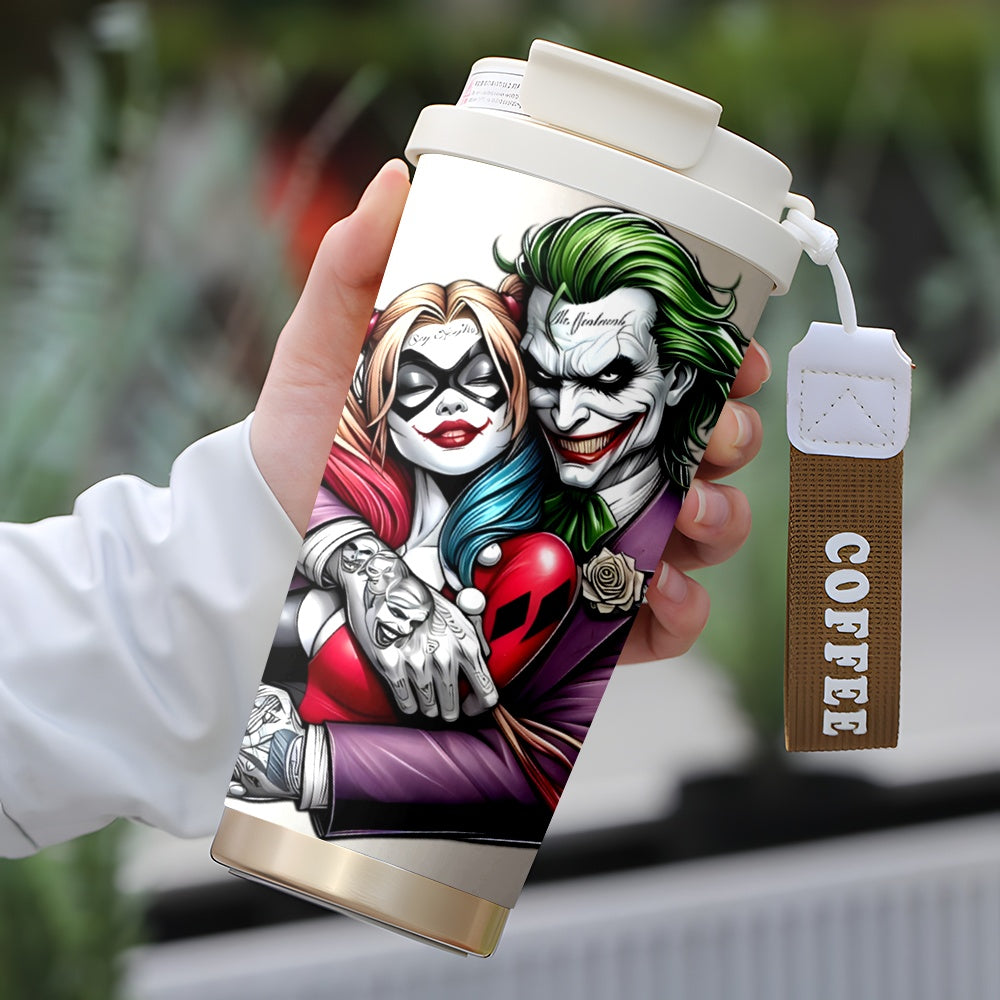 1pc WB Joker & Harley Quinn Stainless Steel Travel Mug 18oz - Large Capacity Insulated Tumbler for Hot & Cold Drinks, Reusable Coffee Cup with Vibrant Comic Art, Hand Wash Only, Perfect Gift for Fans, Insulated Coffee Tumbler
