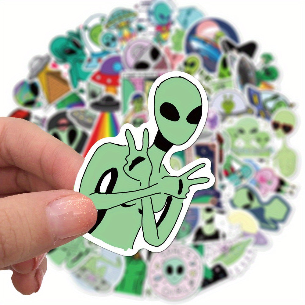 50pcs Cartoon Alien Stickers - Reusable, Self-Adhesive Decals for Laptops, Water Bottles, Phones & More - Durable Synthetic Paper, Artistic Craft Designs by JJIJIAN, Perfect for Winter, New Year