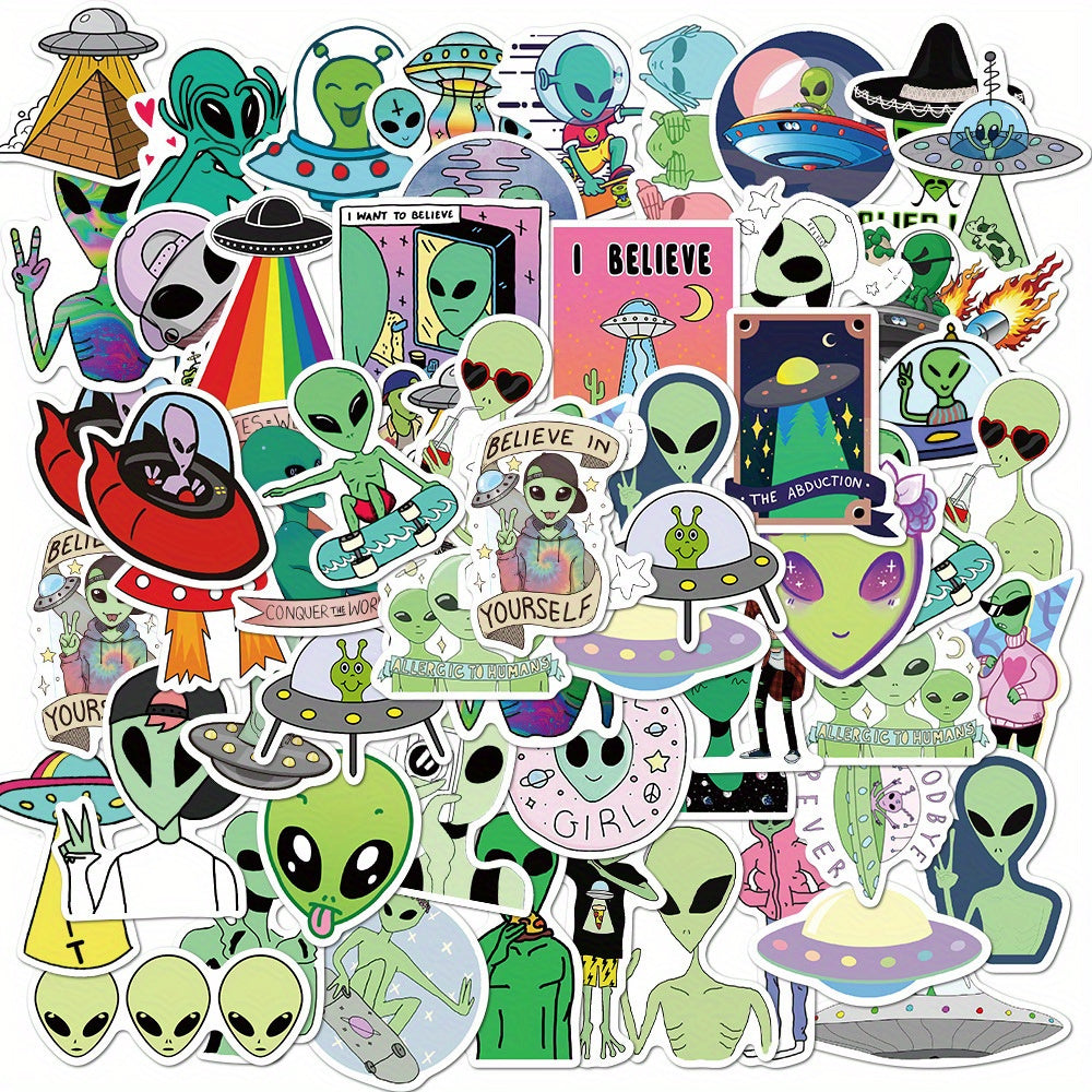 50pcs Cartoon Alien Stickers - Reusable, Self-Adhesive Decals for Laptops, Water Bottles, Phones & More - Durable Synthetic Paper, Artistic Craft Designs by JJIJIAN, Perfect for Winter, New Year