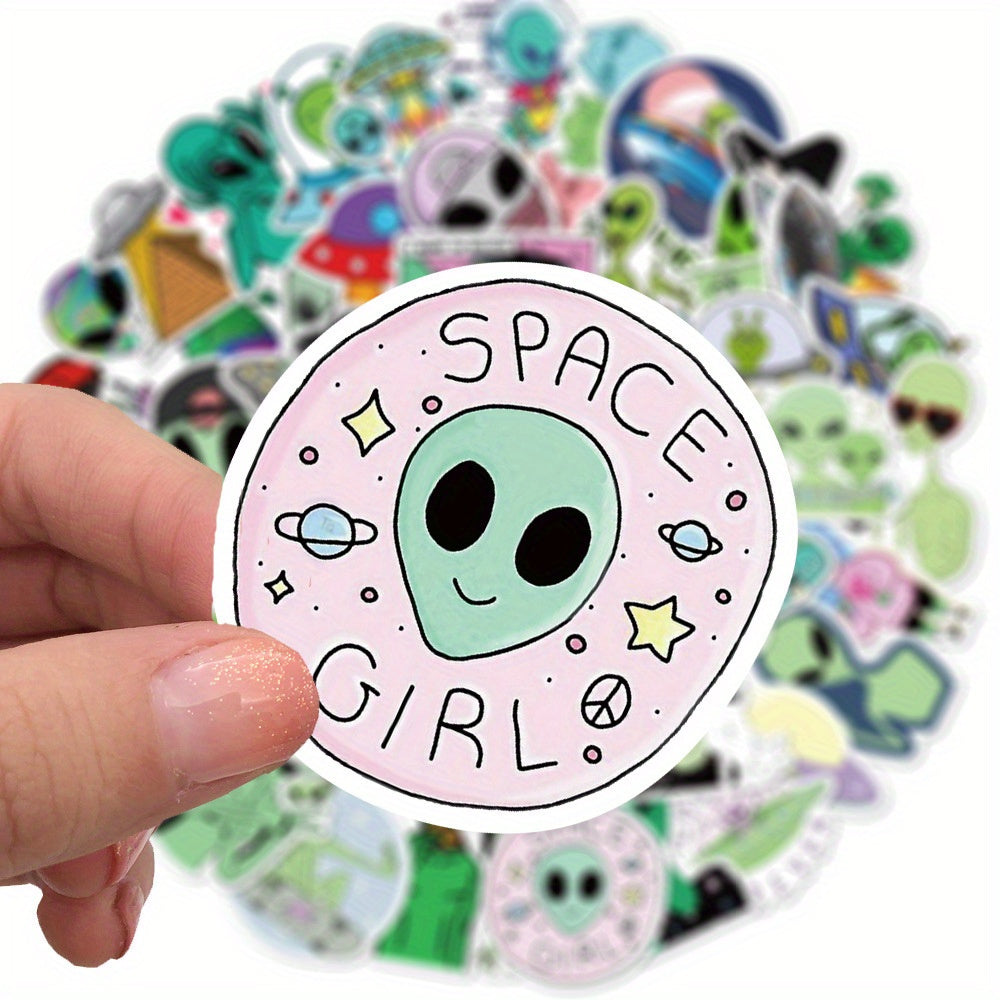 50pcs Cartoon Alien Stickers - Reusable, Self-Adhesive Decals for Laptops, Water Bottles, Phones & More - Durable Synthetic Paper, Artistic Craft Designs by JJIJIAN, Perfect for Winter, New Year