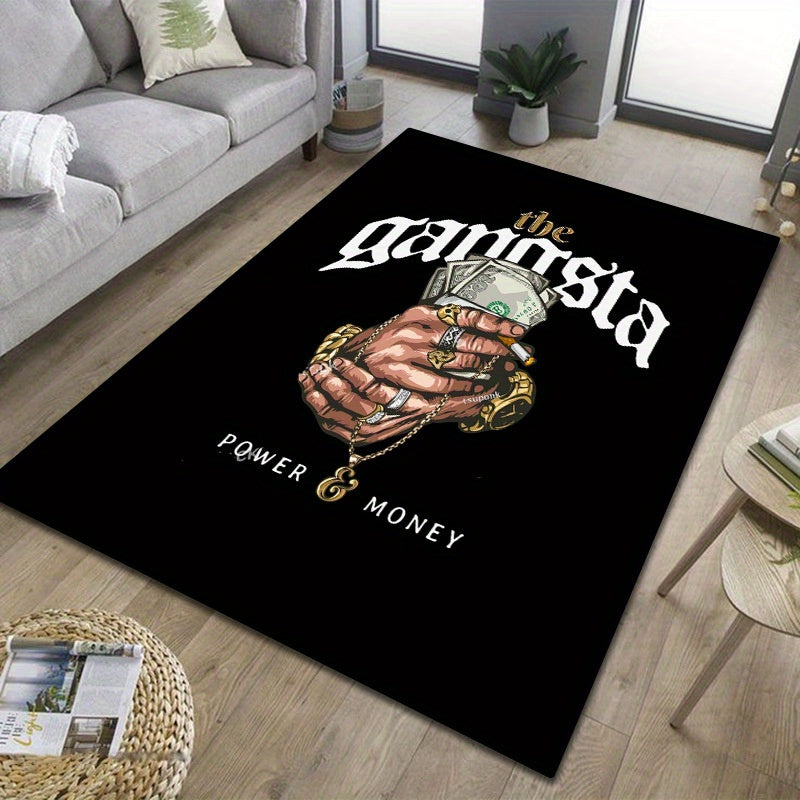 Gansta Power Money Mat - Black Area Mat with Bold Money and Jewelry Design, Machine Washable Polyester Fiber, Ideal for Living Room, Bedroom, Kitchen, Bathroom, Entryway, Multi-Purpose Decorative Mat|Luxurious Home Decor|Mach