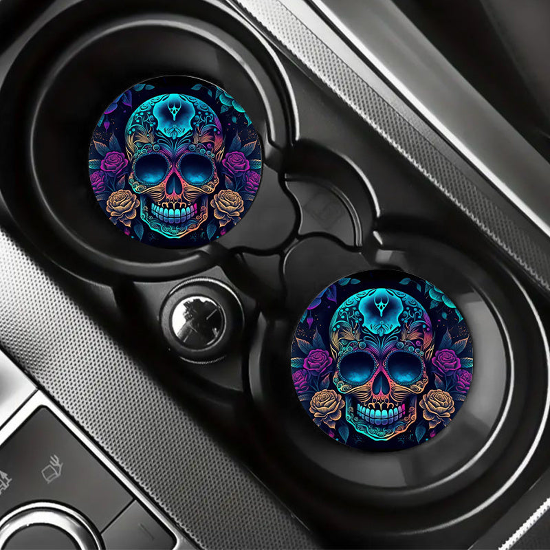 2pcs Skull & Roses Car Cup Holder Coasters - Anti-Slip, Shockproof EVA Design, Vibrant Purple & Coffee Roses with Blue Skull Pattern - Fit for Halloween or Everyday Style, Skull Car Accessories