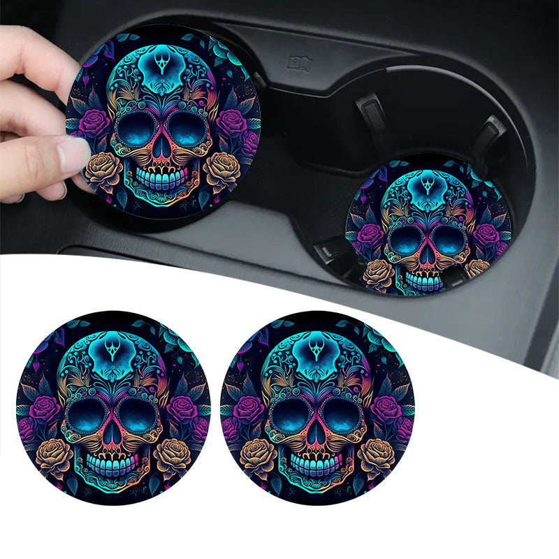 2pcs Skull & Roses Car Cup Holder Coasters - Anti-Slip, Shockproof EVA Design, Vibrant Purple & Coffee Roses with Blue Skull Pattern - Fit for Halloween or Everyday Style, Skull Car Accessories